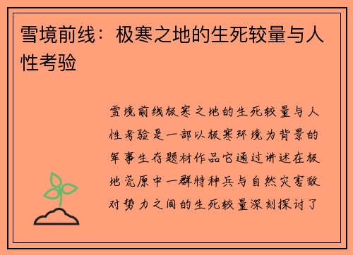 雪境前线：极寒之地的生死较量与人性考验